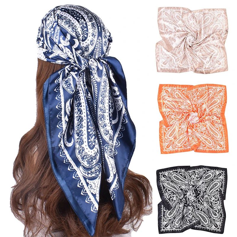 

2023 шейный платок, шаль, палантины, Шелковый атласный шарф с принтом, квадратная женская элегантная повязка на голову, бандана, Шелковый головной платок с принтом