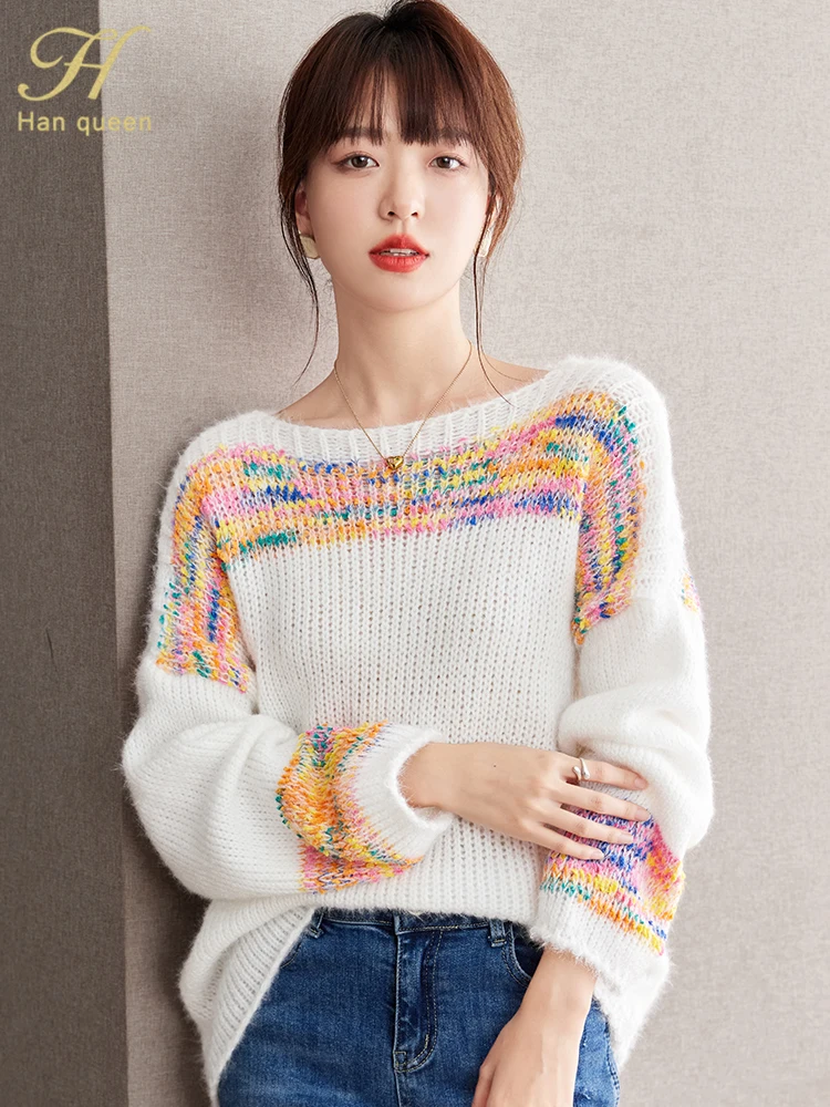 

Новинка 2023, женская одежда для зимы H Han Queen, бесплатная доставка, трикотажные изделия, женская одежда, корейские повседневные топы свободного кроя