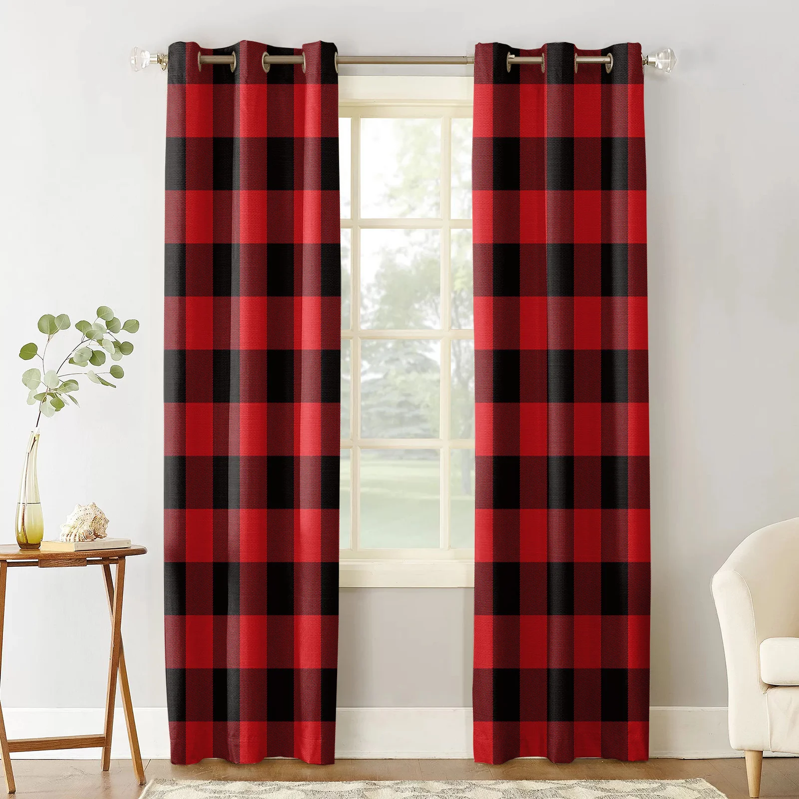 Красно-черная клетчатая геометрическая занавеска в стиле буффало для кухни, спальни и гостиной.