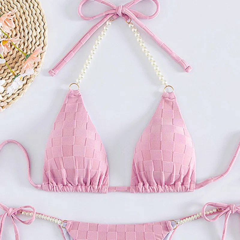 Сексуальные купальники бикини с жемчужной цепочкой женские эффектом пуш-ап