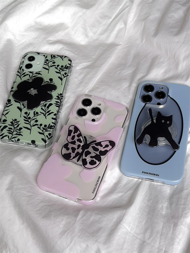 Cute Black Butterfly Flower Phone Grip Tok Griptok Korea Holder Ring For iPhone Samsung Accessories Lovely Phone Stand Holder