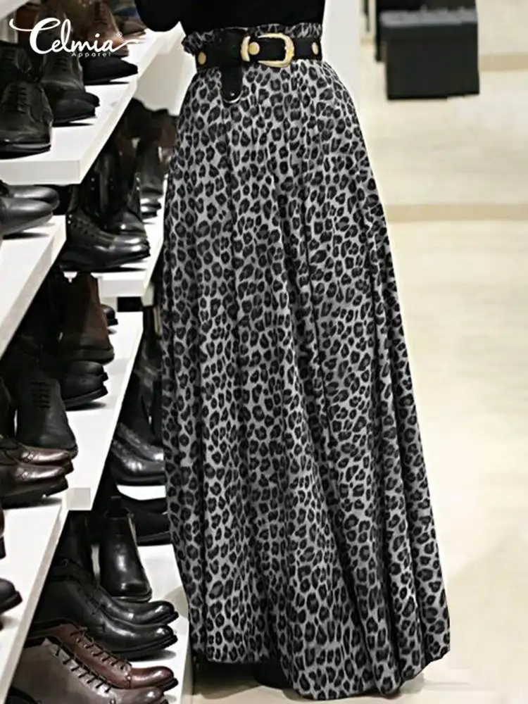 

Elegant Autumn Maxi Skirt Celmia Women Long Skirt Sexy Leopard Print Skirts Casual High Elastic Waist Party Bottoms Oversized
