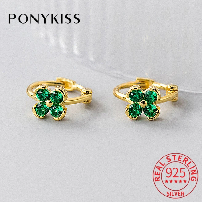 Серьги-кольца PONYKISS женские из серебра 925 пробы с цветным цирконом и клевером