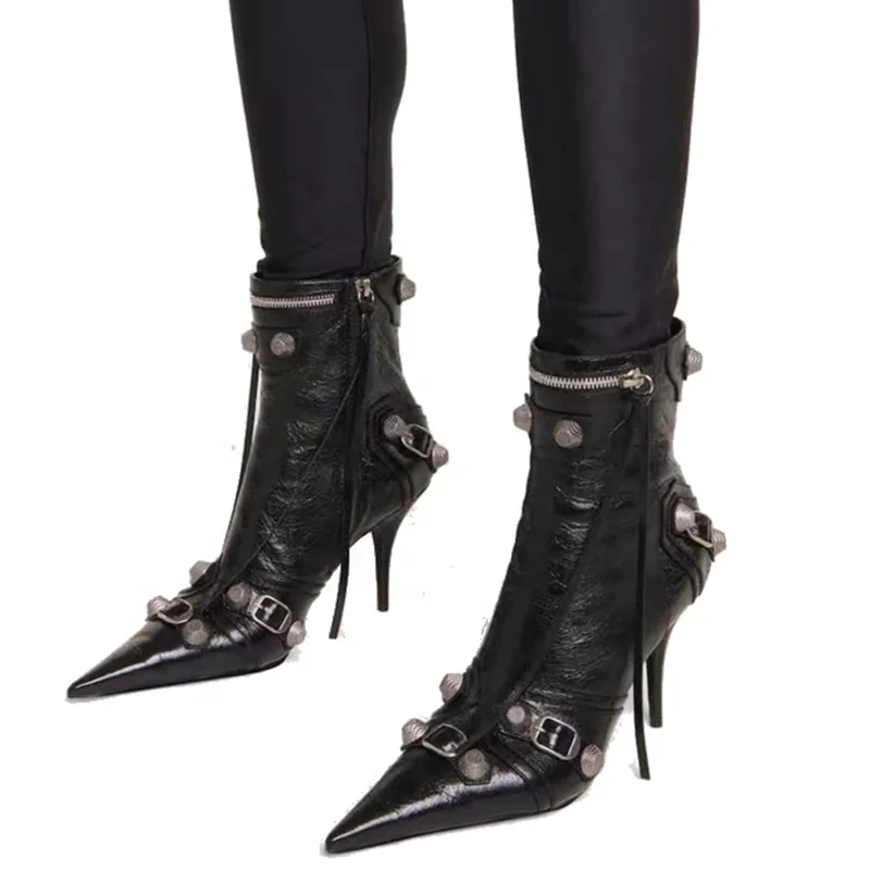 Black High Heel Leather Booty Shoes Pointy Toe Sexy Lady's Ankle Boots Zip Buckle Studs Short Women Fashion Big Size 43