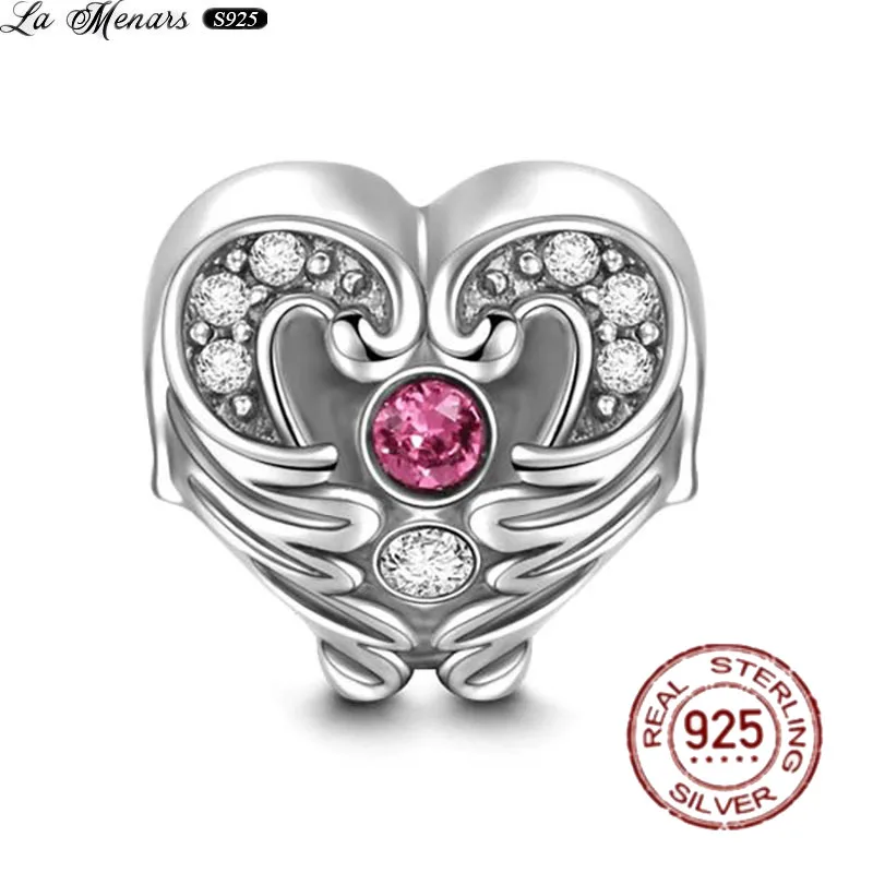 

La Menars Pink Zircon Heart Beads Sterling Silver 925 Fashion Angel Wings Charm for Women Pandora Bracelet Making