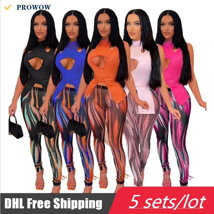 

PROWOW Bandage Slit Printed Trouser Suit with Hollowed-out Vest 2 Piece Set for Summer Outfits Wholesale Women's Tracksuits 7143