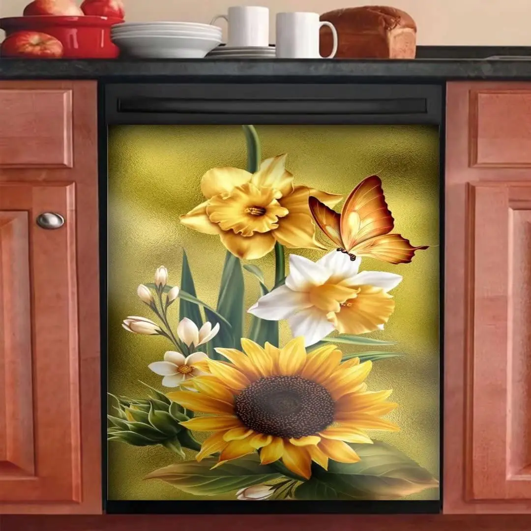 

Sunflower Dishwasher Magnet Cover,Golden Butterfly Magnetic Decal,Kitchen Fridge Pane Sticker,Home Decor Dishwasher Washing Mach