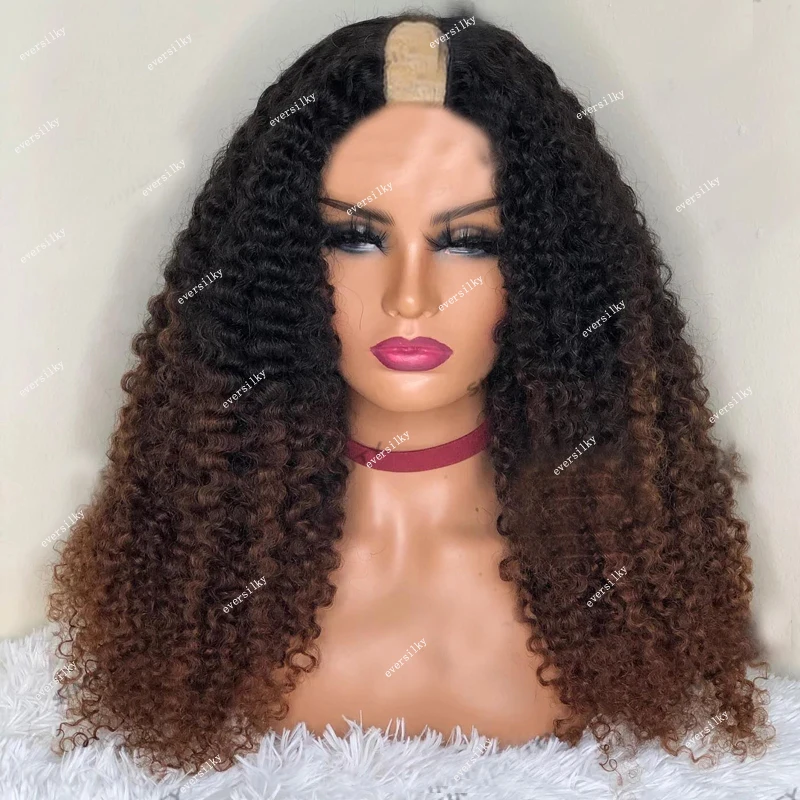 

Ombre Auburn Brown Kinky Curly V Part Wigs 100% Human Hair Unprocessed Chestnut Blonde Water Wave U Shape Full End None Lace Wig