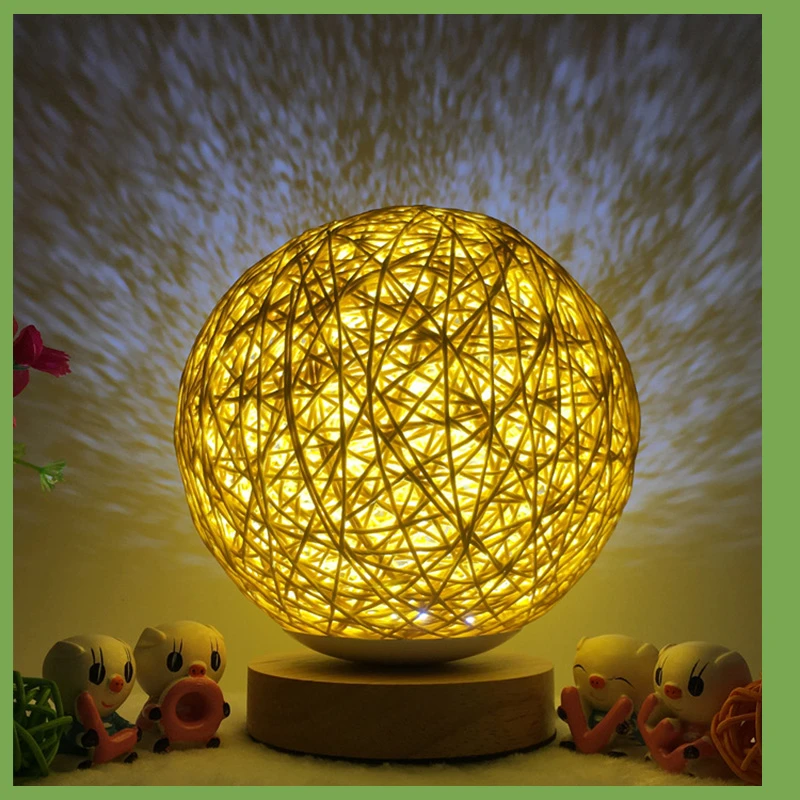 Настольная лампа с абажуром Деревянный светильник в виде Луны ручной вязки USB