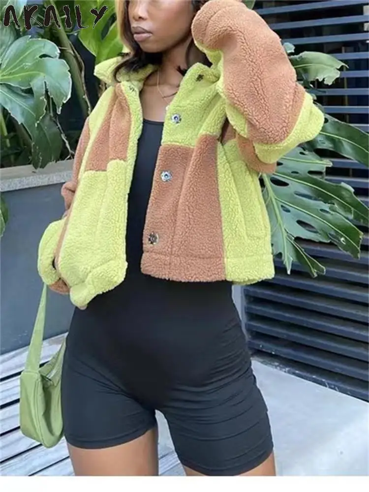 

Akaily осенние флисовые куртки в стиле пэчворк для женщин уличная одежда 2022 зимнее шерстяное Смешанное пальто с длинным рукавом Женские повсе...