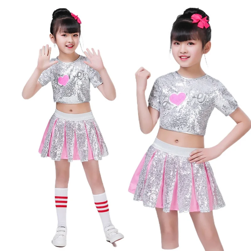 

3pc Children Girl hip Hop Jazz Costume Modern Ballroom Dance Wear Clothing Kids Sequined Sports Clothes For Girls White Jazz