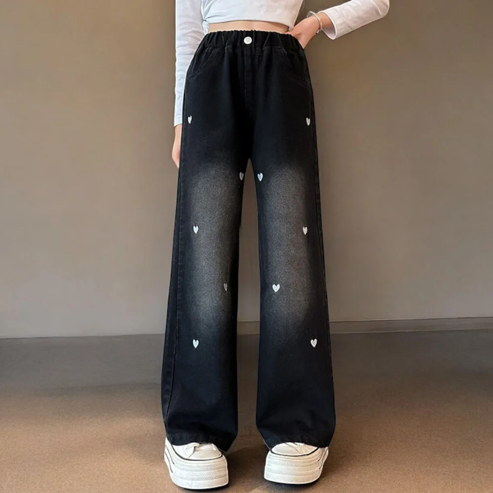 Черные джинсы для девочек детей повседневные прямые брюки мешковатые подростков