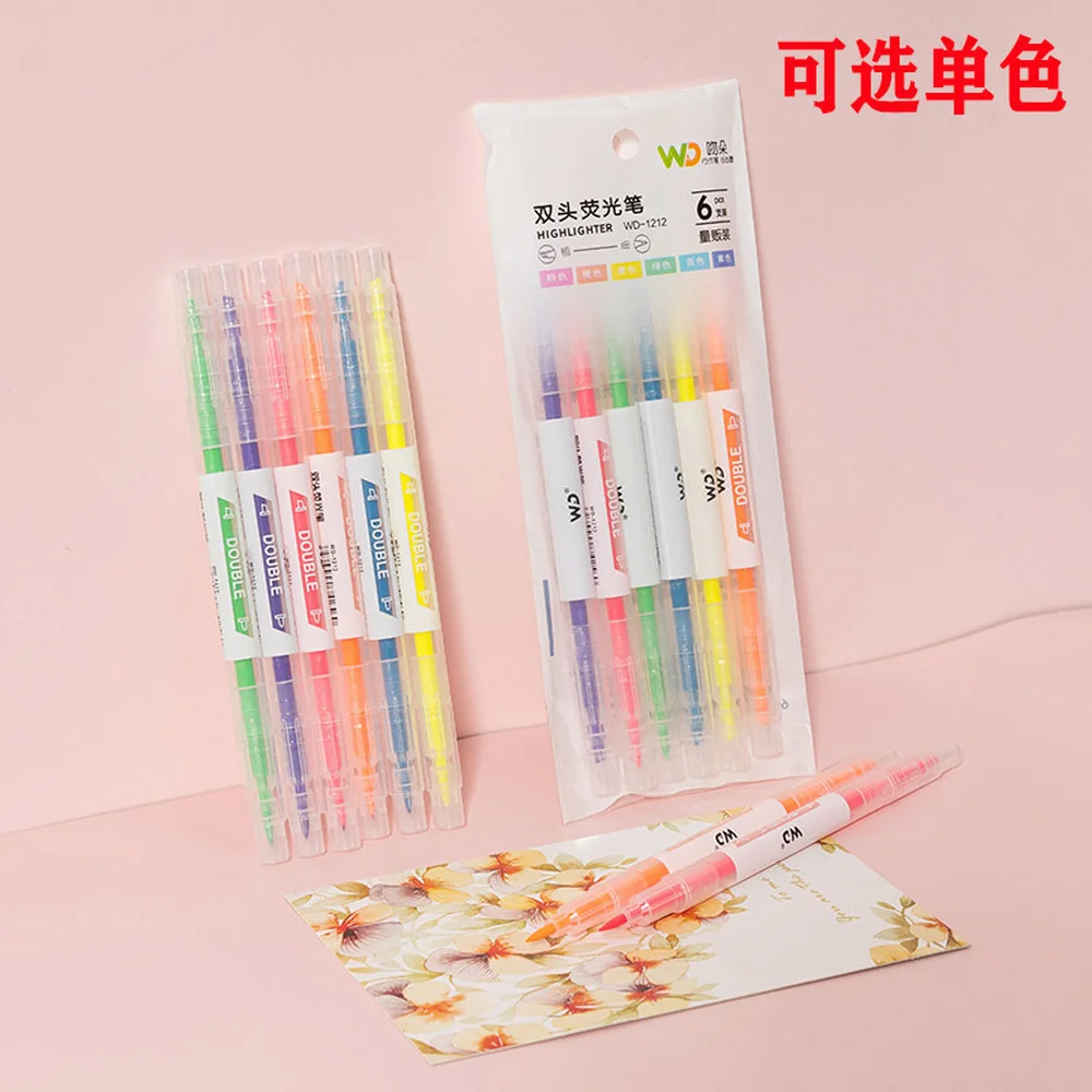 

6PCS Kawaii double Headed Highlighter Pen Soft Headed Light Colored Marking Pen Student Focus Color Marker Pen Set Stationery