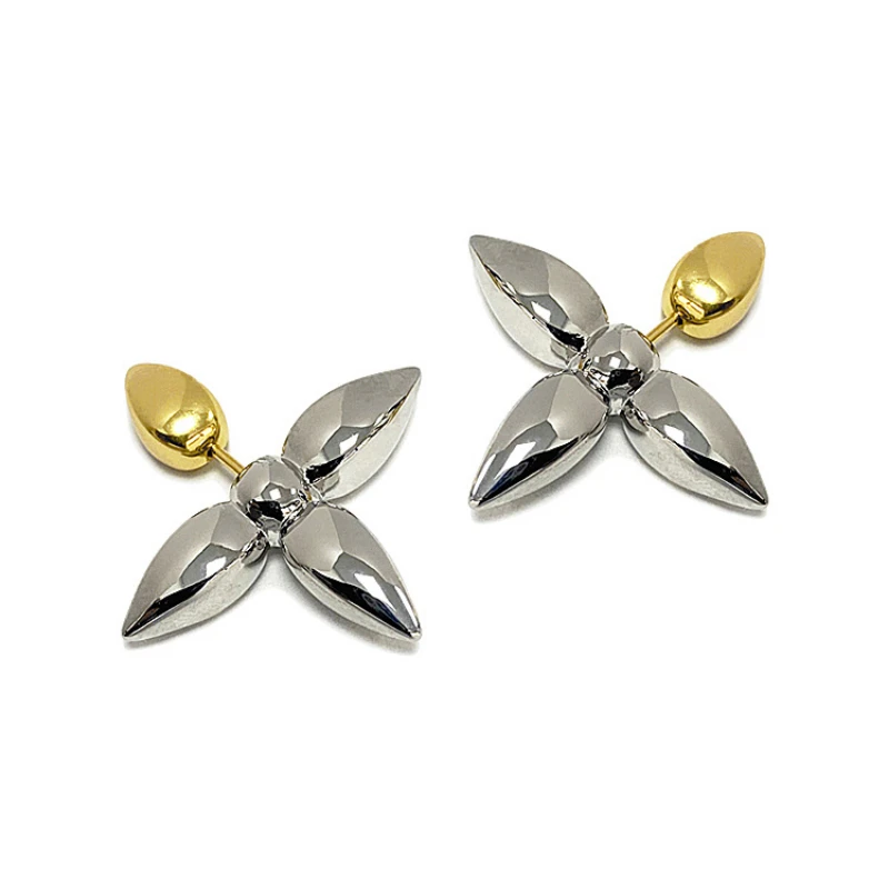 

2 Tone Color Four-leaf Flower Drop Earrings Cool Design Geometric High Quality Copper Metal Earrings For Women Luxury Jewelry