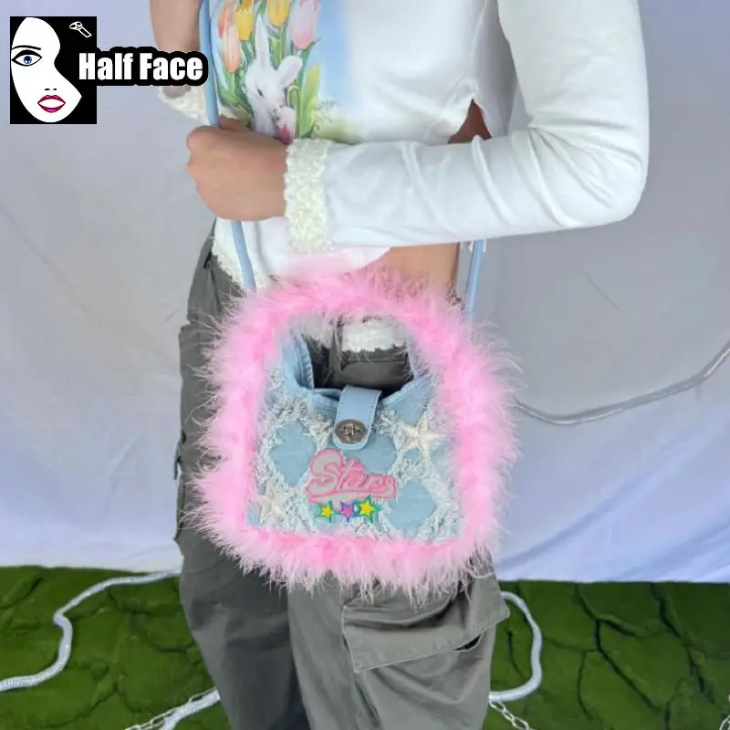 Y2K девушки Харадзюку Готическая женская розовая плюшевая Джинсовая сумочка в