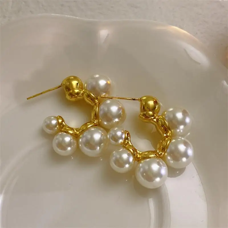 French High-end Retro Brass Pearl Half Circle C-shaped Earrings Party Jewelry Gift