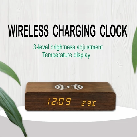 Цифровой будильник в тонах дерева со светодиодным дисплеем, беспроводная зарядка, время, температура, дата для спальни, квартиры, украшения дома