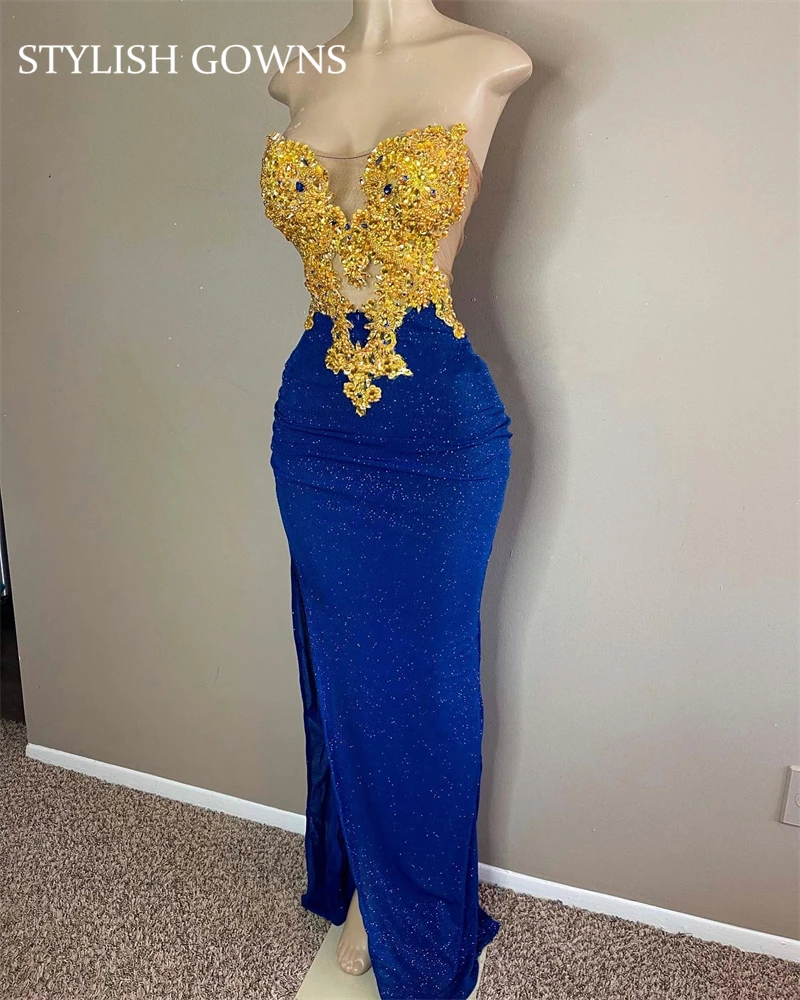 

Royal Blue Sweetheart Evening Dresses Aso Ebi African Beaded Appliques Celebrity Party Gown Side Slit Prom Dress Mermaid Robe