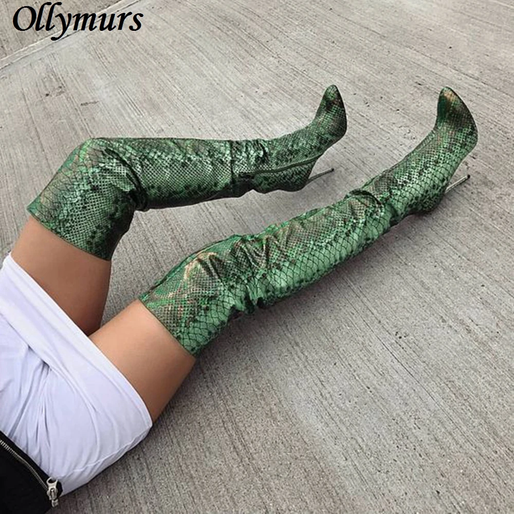 

Color block snake pattern side zipper pointed sexy fashion over the knee high thigh high boots women's shoes