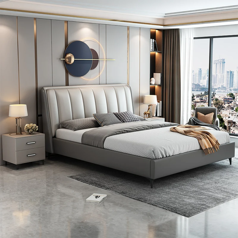 Nordic bedroom leather beds of large and small size are modern, simple and economical, minimalist master bedroom, high box stora