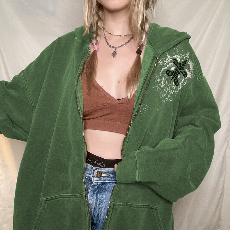 

Harajuku Oversized Zip Up Hoodie Y2K Aesthetic Velvet Pocket Green Grunge Garphic Hoodie Women Fairycore Vintage Kawaii