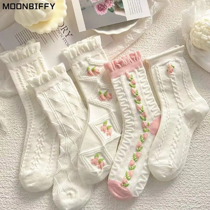 

5 шт./белые цветочные носки средней длины женские модные японские противотуманные цветные студенческие носки Loli весна тонкие секционные JK розовые Новинка