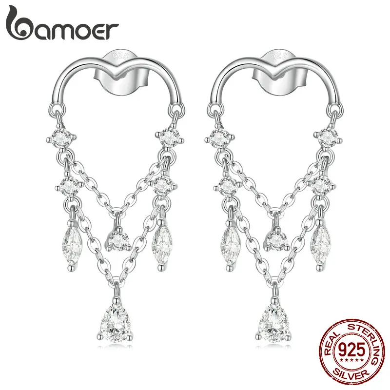 

Bamoer 925 Sterling Silver Pavé Brilliant CZ Delicate Tassel Heart Earrings Versatile Jewelry for Women Matching Wedding Gifts