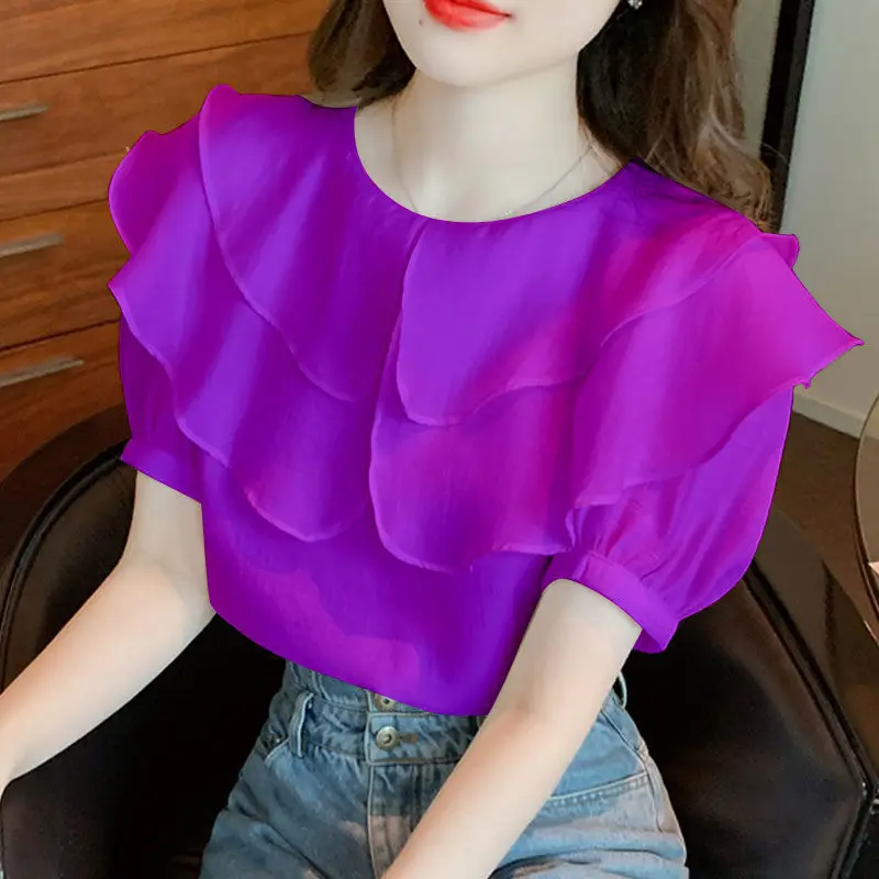 

Sweet Peter Pan Collar Spliced Ruffles Blouse Women's Clothing 2023 Summer New Oversized Casual Pullovers Office Lady Shirt
