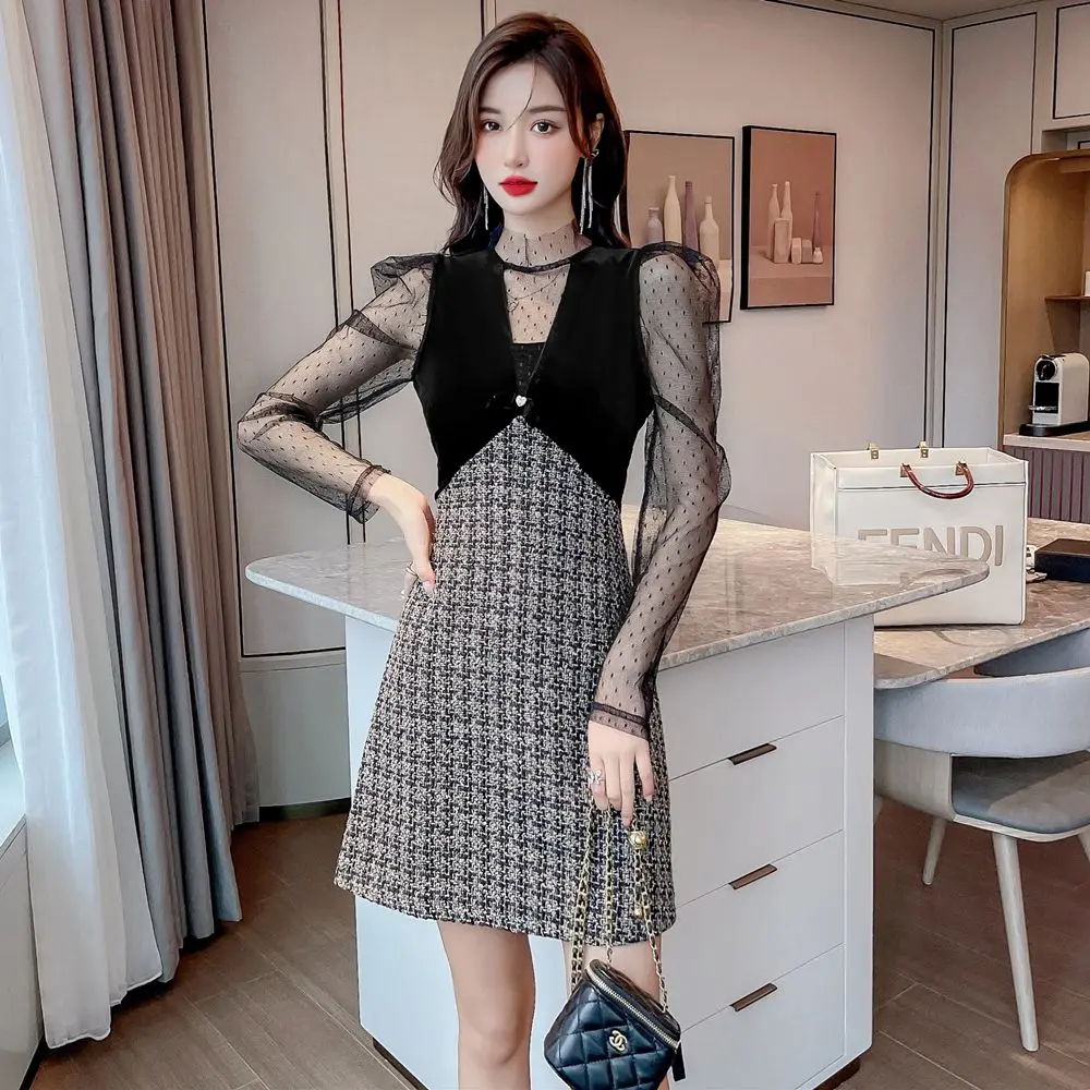 

COIGARSAM Women One Piece Ladies Korea Spring 2022 New Patchwork Lace High Waist Black Dress Dropshipping