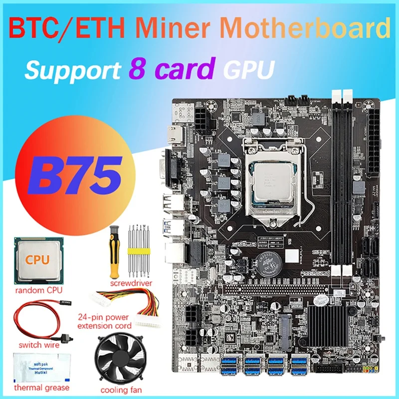 B75 ETH Mining Motherboard+CPU+Fan+Thermal Grease+24Pin Extension Cable+Switch Cable+Screwdriver 8X USB3.0 LGA1155 DDR3