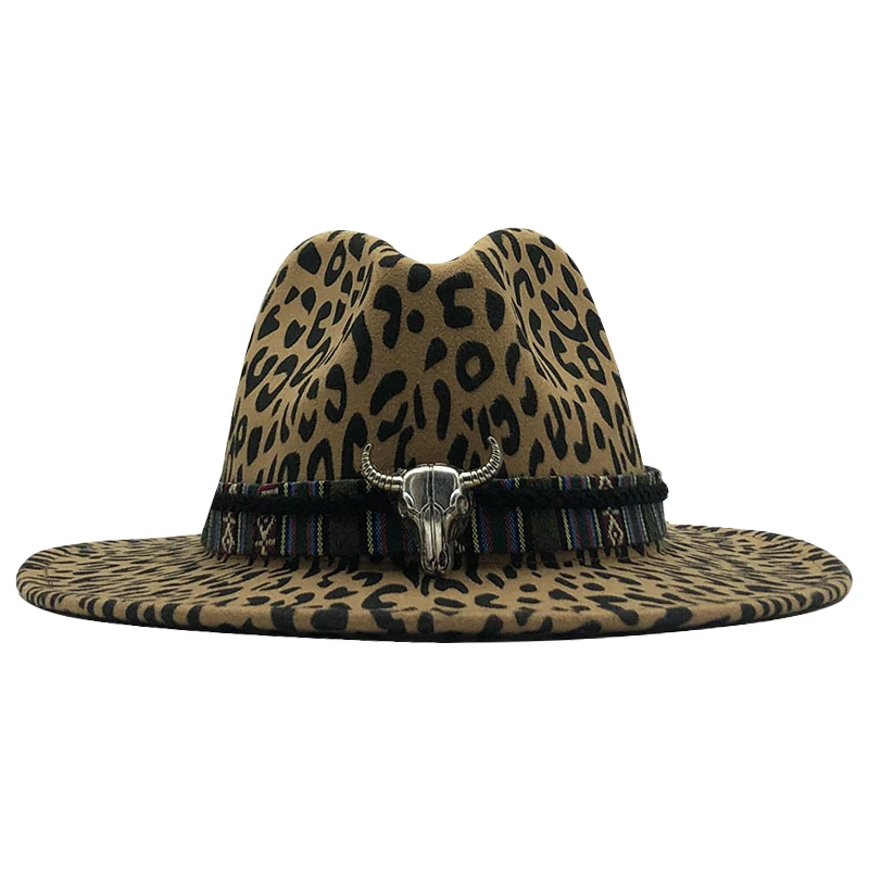 Шляпа Федора унисекс шерстяная шляпа с плоскими полями леопардовым принтом