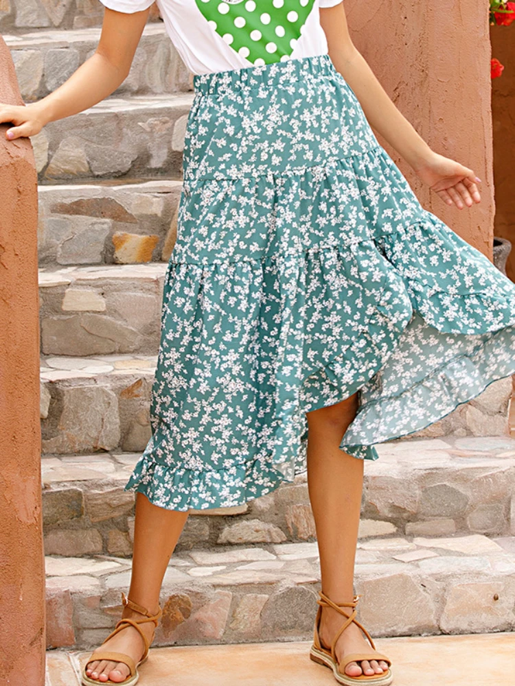 

Женская Асимметричная юбка с оборками, повседневная винтажная Свободная юбка с высокой талией и цветочным принтом, весна-лето 2022