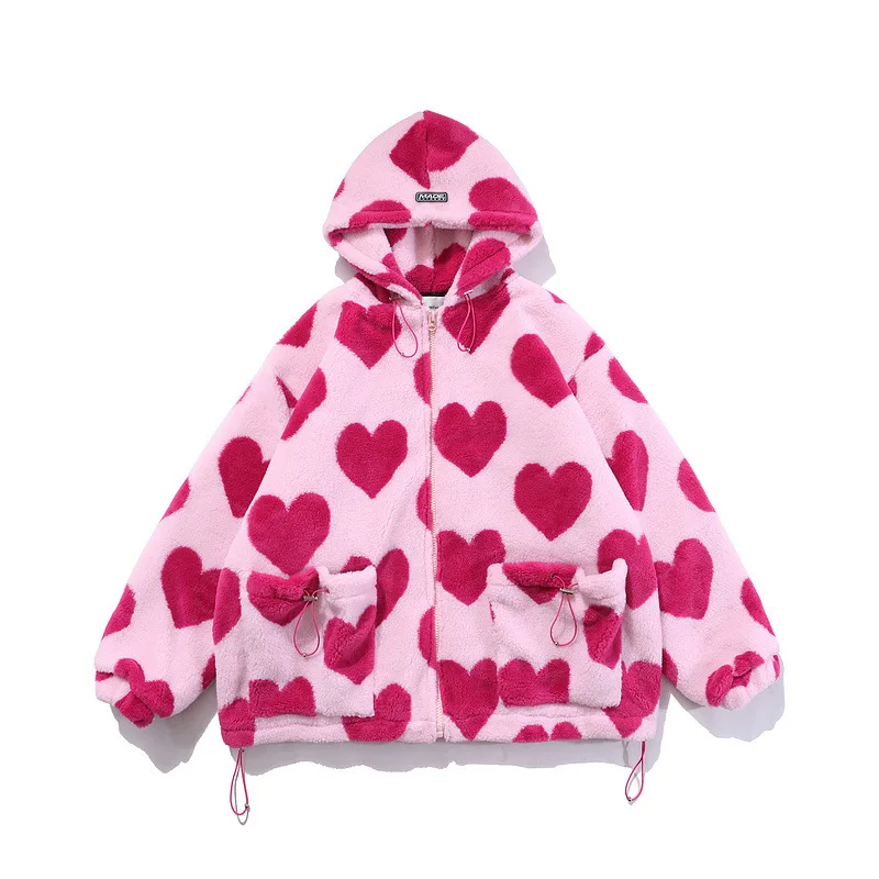 Love Print Lamb Fleece Jacket Hong Kong Style Men's and Women's Couples Loose Hooded All-match Padded Clothes Winter Coat Women