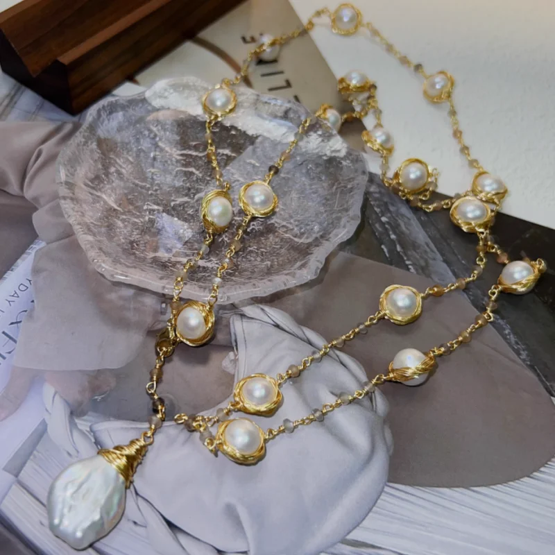 Long Droplet Baroque Pearl Necklace with Natural Freshwater Handwoven Sky Star Long Chain