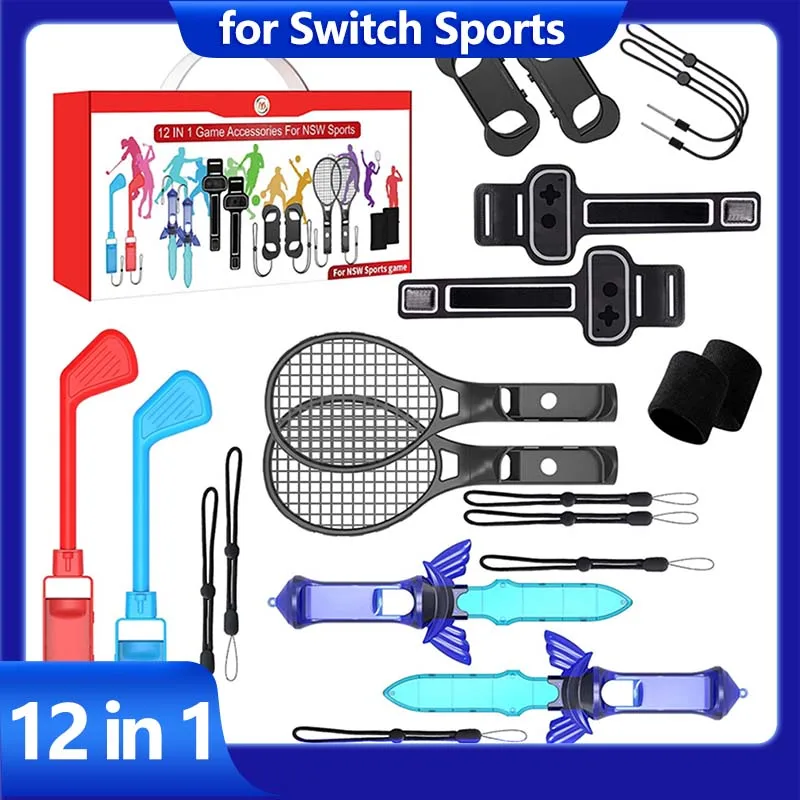 

12 In 1 Switch Sports Accessories Bundle Kit for Nintendo Switch OLED Golf Culb Grips Sword Wrist Wrap Leg Strap Tennis Rackets