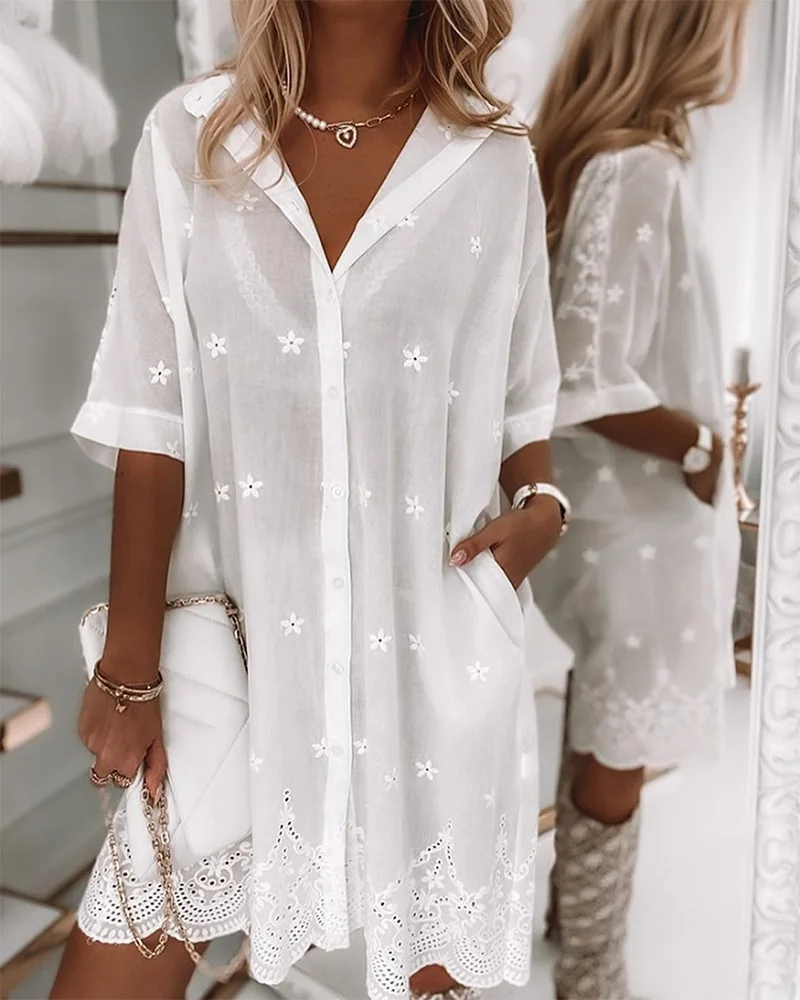 

2022 Spring and Summer New Women's Dress Casual Lace Stitching Shirt Skirt