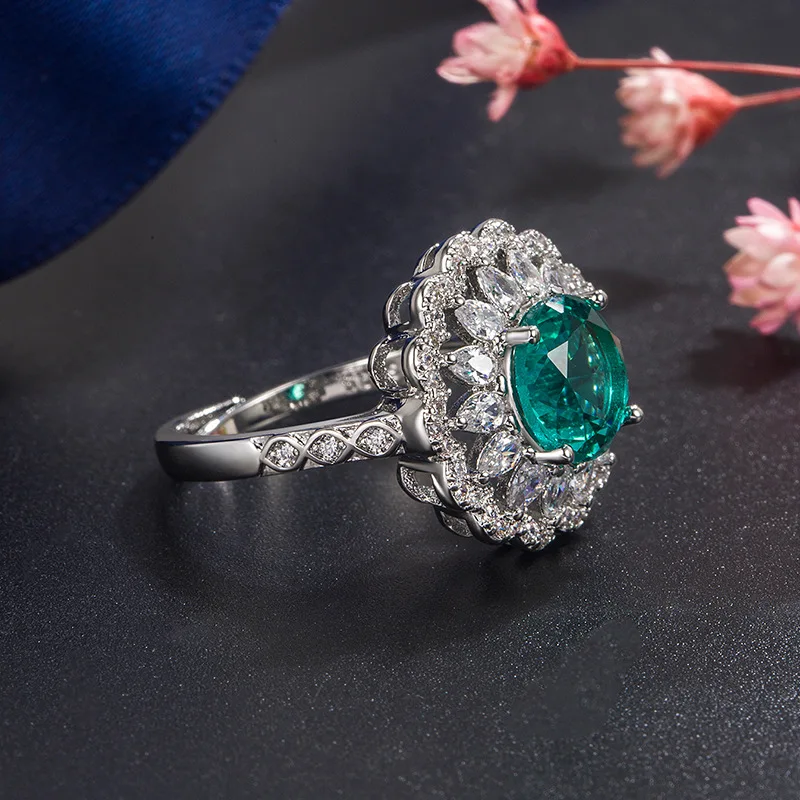 

Trendy Hot Sale Green Emerald Ring Women's Luxury 14K Rose Gold Full Diamond Ring Fine Wedding Bands Engagement Anel Bizuteria