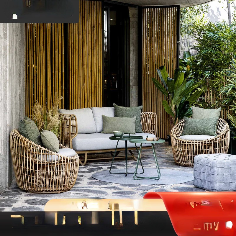 

Outdoor Sofa Courtyard Garden Hotel Creative Rattan Bamboo Sofa and Tea Table Combination Outdoor Terrace Modern Rattan Furnitur