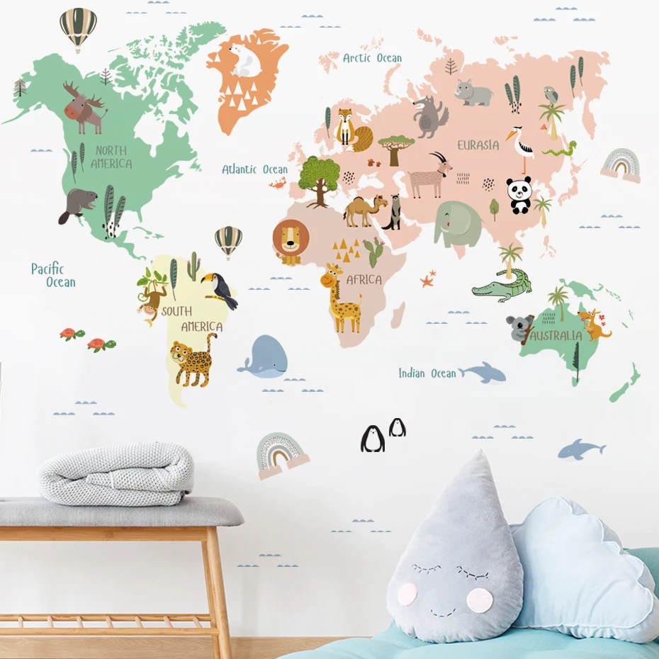 Наклейка с картой мира мультяшные красочные животные контур наклейки на стену