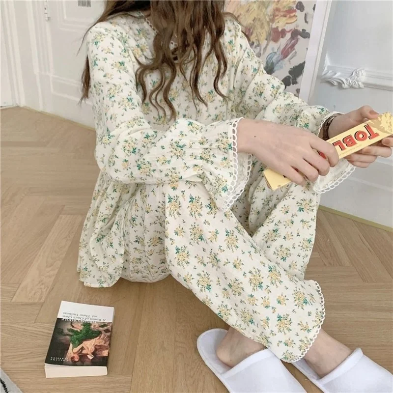 QWEEK Cotton Women's Nightwear Korean Sleepwear Floral Print Pajamas Lace Pijama 2 Piece Set Pyjamas Long Sleeve Suit Homewear