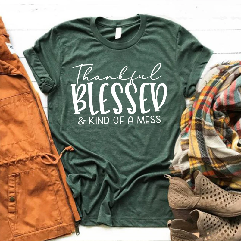 

Thankful Blessed & A Mess T-shirts Thanksgiving Shirts Thanksgiving Gifts Teacher Tops Aesthetic Women Fall Clothing M