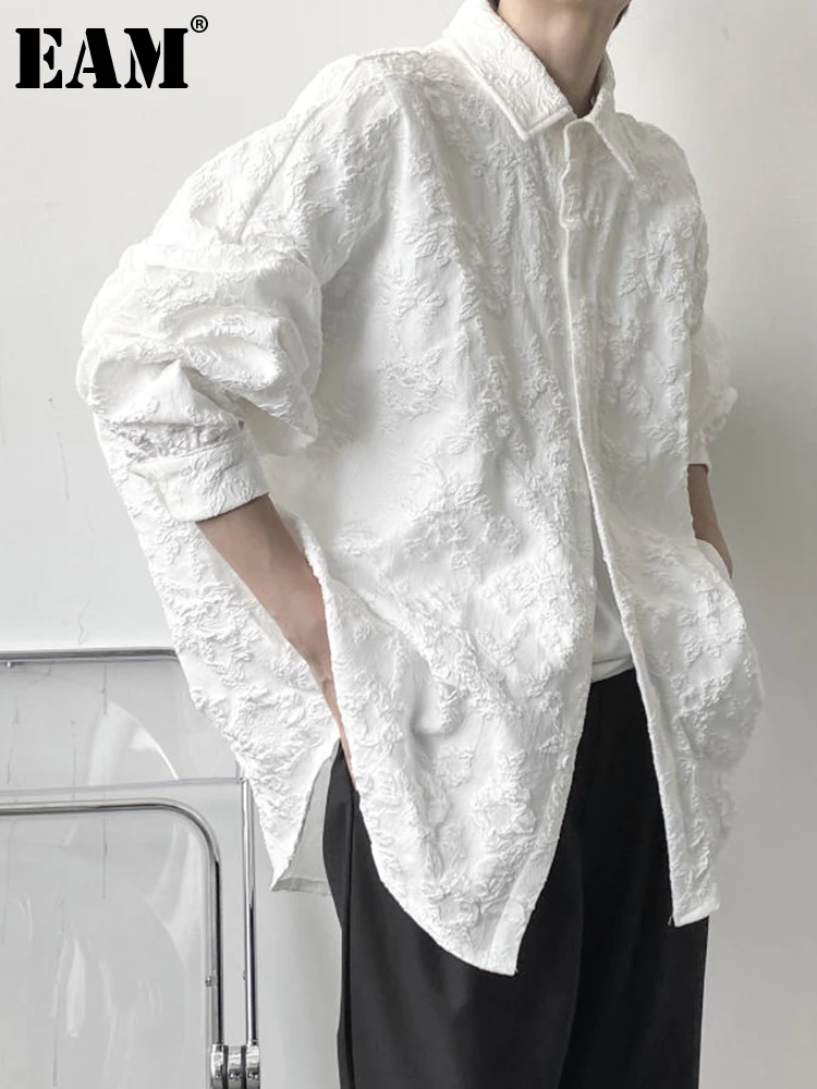 

[EAM] Women Jacquard White Brief Big Size Blouse New Lapel Long Sleeve Loose Fit Shirt Fashion Tide Spring Autumn 2022 1DF0872