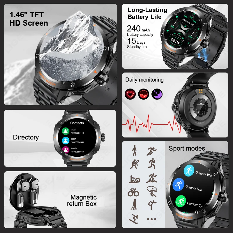 LIGE Новые умные часы 2 в 1, наушники TWS Bluetooth, 1,46 дюйма, NFC, контроль доступа, монитор сердечного ритма и здоровья, мужские умные часы (art.: 3920cfb67e976) - 3920cfb67e976