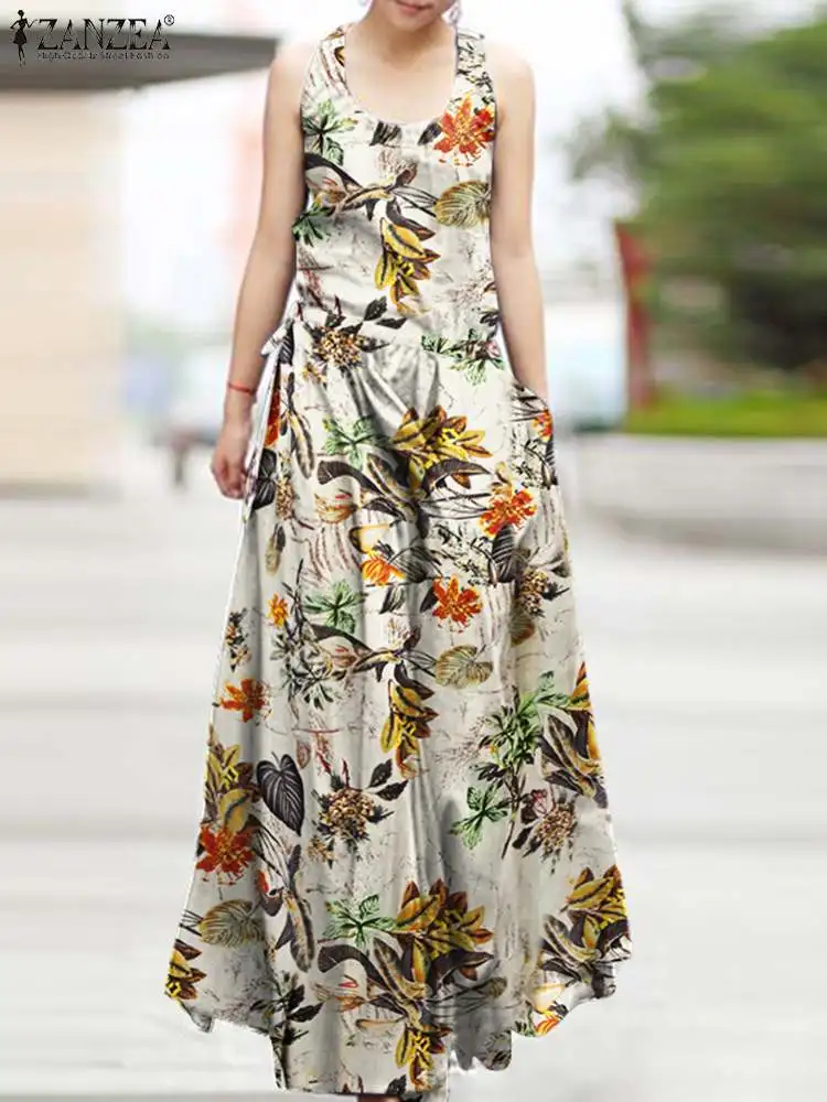 

2022 ZANZEA Summer Beach Women's Dress Floral Print O-Neck Drawstring Waist Sundress Bohemian Femme Fashion Casual Holiday Robe