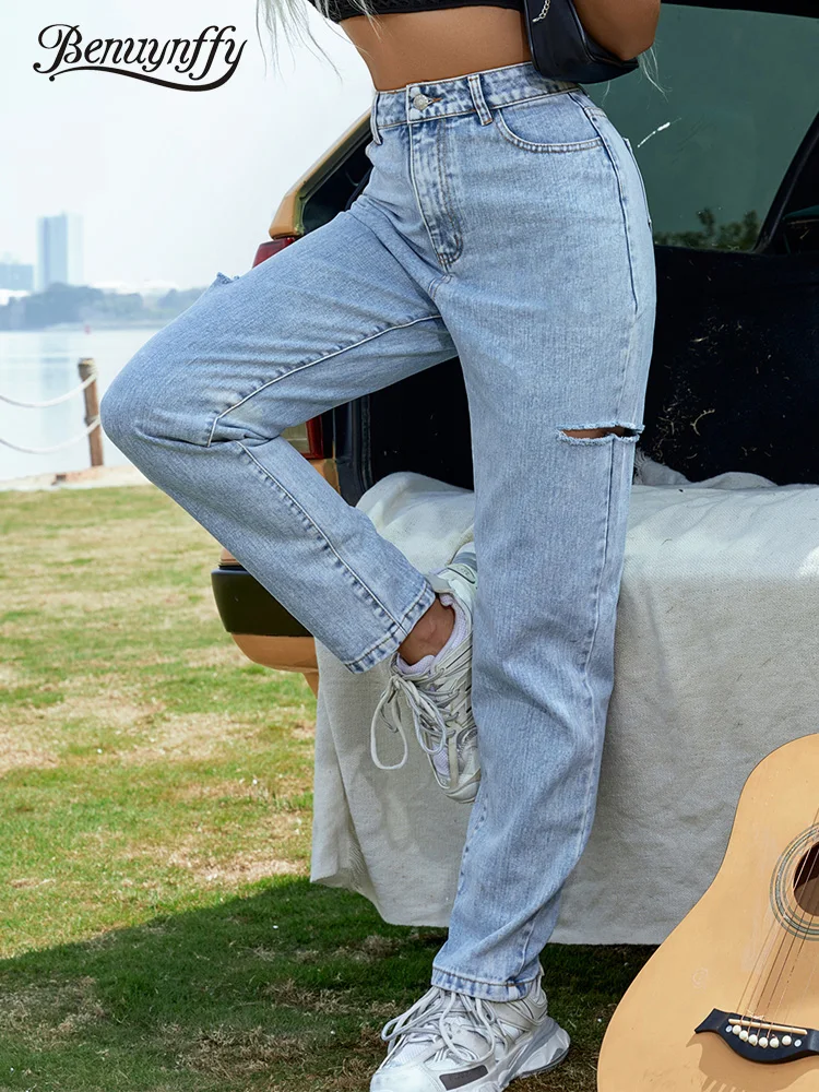 

Benuynffy Vintage Ripped Jeans Woman Spring Fall High Waist Casual Baggy Jeans Fashion Streetwear Women Straight Denim Pants