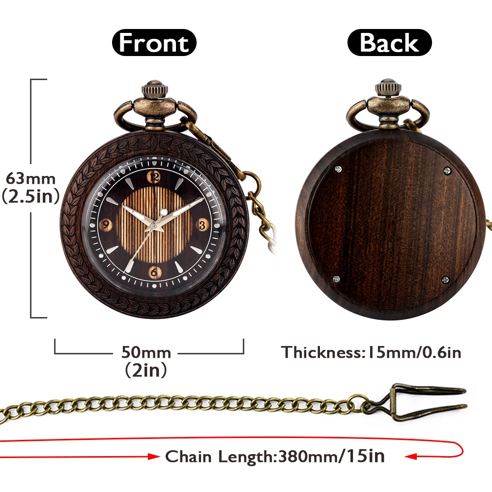 New Pocket Watch with Chain Ebony Wood Gifts for Men Women Vintage Black Wooden Quartz Pocket Watch Fob Clock Relógio De Bolso