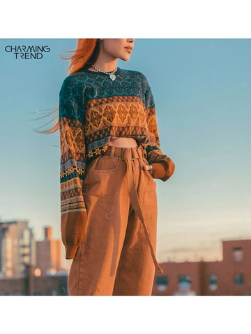 Chritmas Sweaters For Women Retro Chic Splicing Color Hoodies Young Girls Winter Crop Tops Knitted Short Female Sweater