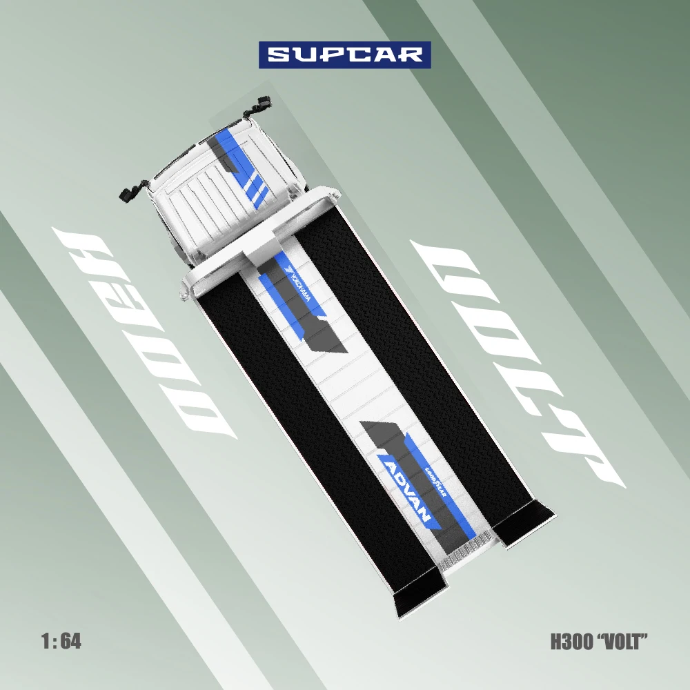 Фото Коллекционная модель автомобиля SUPCAR 1:64 H300 Flatbed Transport Trailer ADVAN VOLT, сине-белая ливеринговая расцветка, имитация, литая под давлением, из сплава. №3