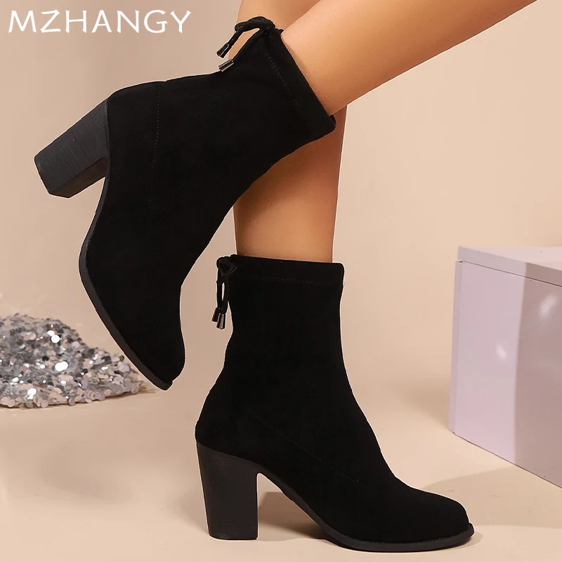 Женские замшевые ботильоны на высоком каблуке модная зимняя обувь массивном