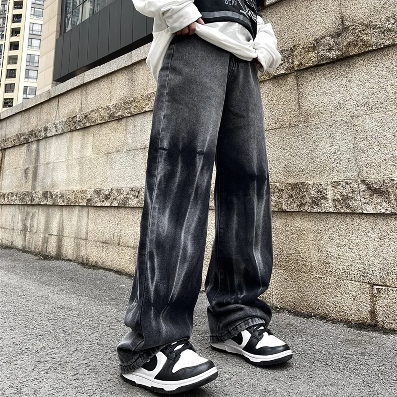 Streetwear Men 2022 New Pattern Recreational Grey Gradient Tie-dyed Pants Straight Cylinder Comfortable Loose Jeans Autumn Women